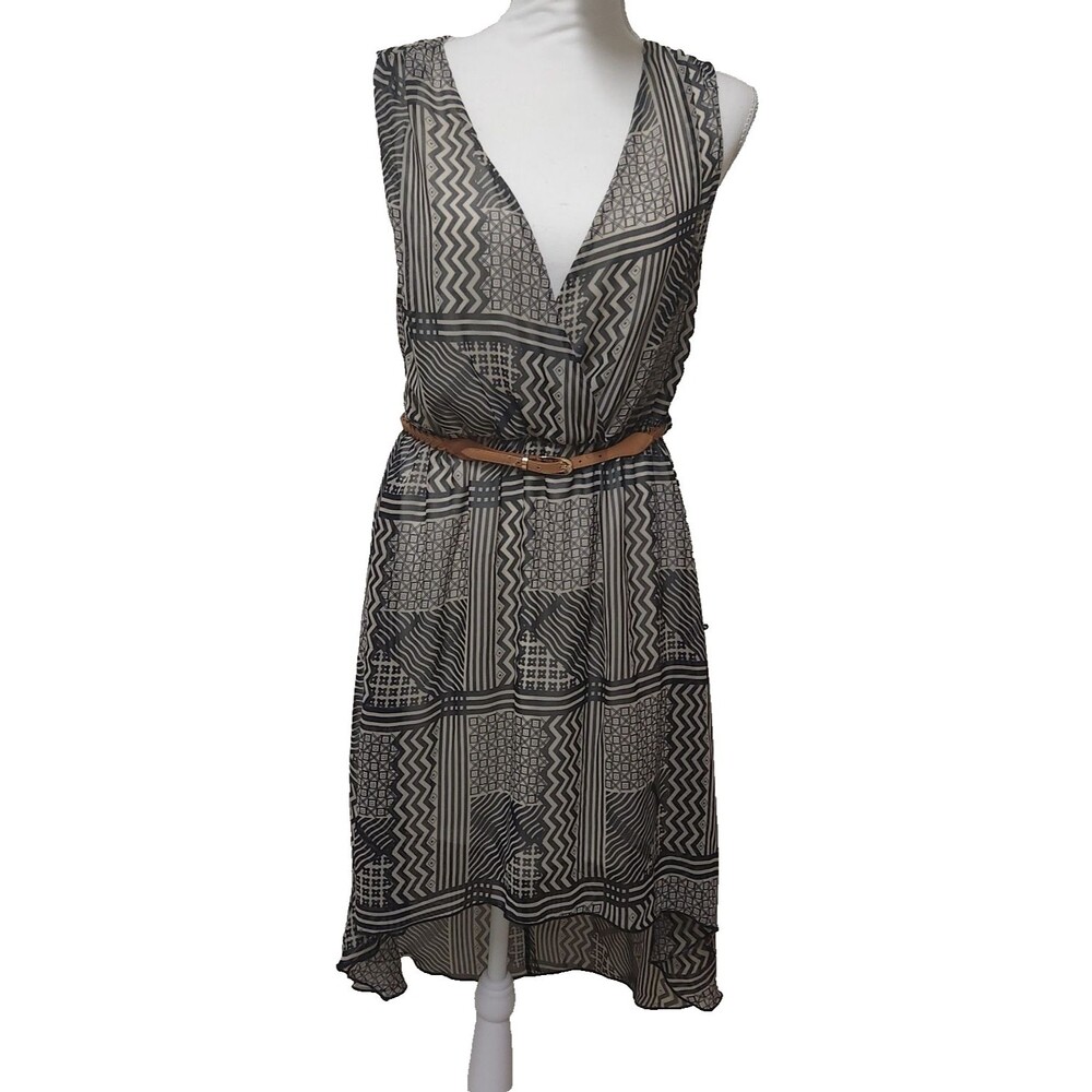 Renee C  Sleeveless  Abstract Dress Black Tan V Neck Belted Sheer Lined Large